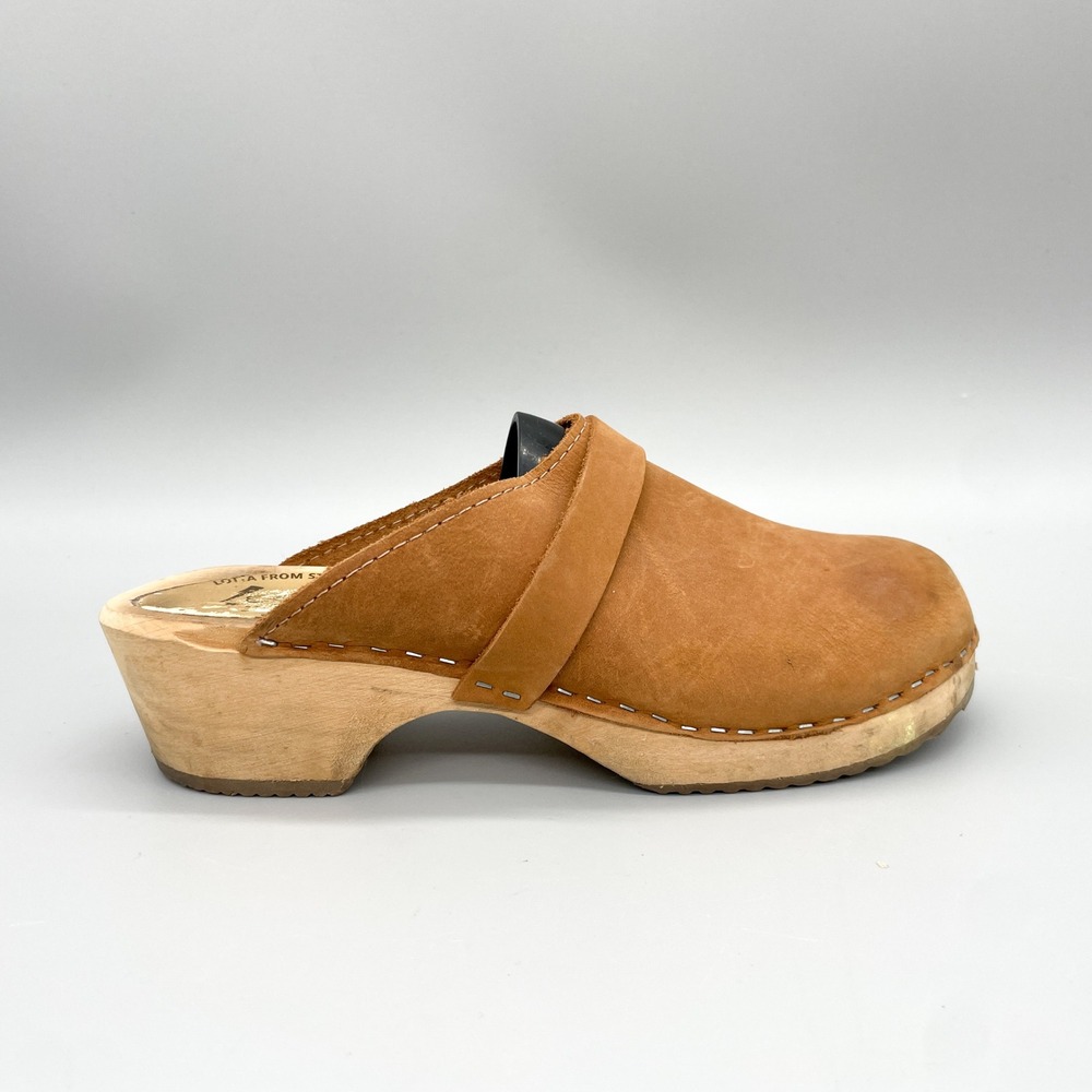 Lotta from Stockholm Womens 39 8.5 Tan Nubuck Wooden Clogs Mules Swedish Boho